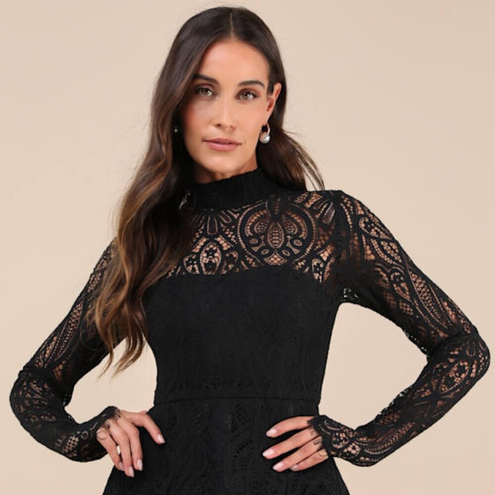 Lulus Gorgeous Attraction Black Lace Structured Long Sleeve Mini Dress - Size L